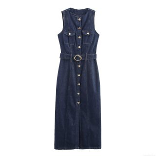 Women's Elegant Sleeveless Denim Maxi Dress With Belt Slim Fit Single Breasted Dark Blue Solid Casual Long Dress For Women