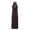 Women Sexy Coffee Brown Halterneck Backless Maxi Dress With Rosette Flower Ruched Bodycon Party Evening Dress For Women Sleeveless Knit Spandex Long Dress