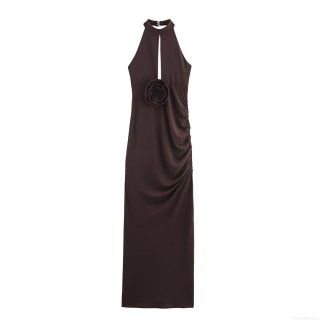 Women Sexy Coffee Brown Halterneck Backless Maxi Dress With Rosette Flower Ruched Bodycon Party Evening Dress For Women Sleeveless Knit Spandex Long Dress
