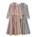 Women Striped Shirt Dress Elegant Long Sleeve Turn-down Collar Button Down Maxi Dress With Belt Office Lady Poplin Dresses