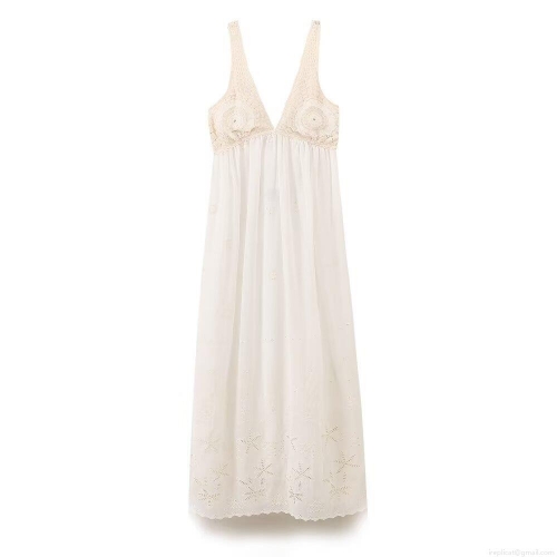 Women's Sexy Bohemian Crochet Lace Maxi Dress Deep V-neck Backless Embroidery Patchwork Elegant White Long Party Dress For Summer Vacation