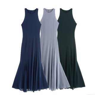 Elegant Women Mesh Fishtail Maxi Dress Sleeveless Round Neck High Waist Slim Fit Solid Color Polyester Spandex Evening Party Dress Long Prom Gown For Women