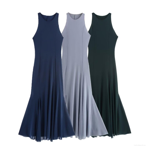 Elegant Women Mesh Fishtail Maxi Dress Sleeveless Round Neck High Waist Slim Fit Solid Color Polyester Spandex Evening Party Dress Long Prom Gown For Women