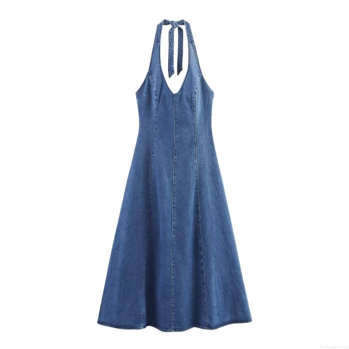 Women Sexy Halter Neck Denim Maxi Dress V Neck Backless Lace Up A-Line Long Jean Sundress For Party Clubwear Solid Blue Wash Denim Dress