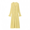 Elegant French Style Ribbed Knit Maxi Dress Yellow Long Sleeve Polo Collar Button Up Bodycon Sweater Dress For Women Autumn Fashion