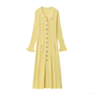 Elegant French Style Ribbed Knit Maxi Dress Yellow Long Sleeve Polo Collar Button Up Bodycon Sweater Dress For Women Autumn Fashion