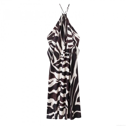 Women Sexy Zebra Print Halter Maxi Dress Backless Sleeveless Satin Feel A-Line Long Dress For Summer Party Vacation Clubwear