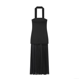 Women's Halter Neck Maxi Dress Sexy Mesh Patchwork Pleated Sleeveless Backless Elegant Party Long Dress For Ladies