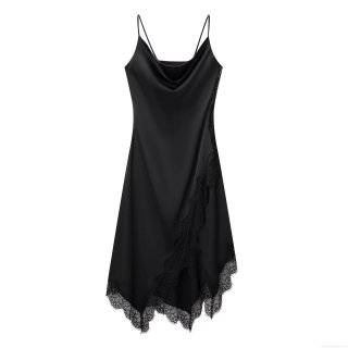 Women Elegant Black Lace Trim Satin Cami Dress Sexy Deep V Neck Sleeveless Backless Maxi Long Slip Dress For Party Evening Club Socialite Style