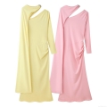 Women Elegant Asymmetric Pleated Cape Maxi Dress Cutout Shoulder Long Sleeve Draped Polyester Spandex Bodycon Party Evening Dress Solid Yellow Pink