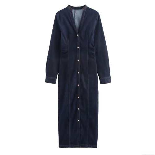 Women Retro Dark Blue Denim Maxi Dress V-Neck Long Sleeve Single-Breasted Slim Fit Pleated Leisure Bodycon Dress Elegant Long Sleeve Denim Long Dress