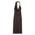 Women's Sexy Halter Neck Satin Maxi Dress Backless V-Neck Ruched Evening Party Dress Elegant Solid Color Coffee Sleeveless Long Silk Texture Dress