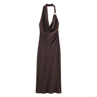 Women's Sexy Halter Neck Satin Maxi Dress Backless V-Neck Ruched Evening Party Dress Elegant Solid Color Coffee Sleeveless Long Silk Texture Dress