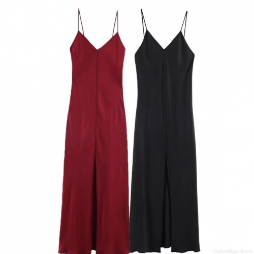 Women Elegant Satin Maxi Slip Dress Sexy V-Neck Slim Fit Split Hem Evening Party Cocktail Dress Red Black Polyester Sleeveless Long Dress