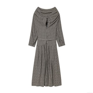 Women Elegant Houndstooth Maxi Dress Long Sleeve V-Neck Lace-Up Waist Pleated A-Line Long Dress For Party Commute Evening Celebrity Style
