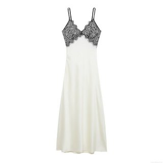 Women Sexy French V-Neck Lace Patchwork Backless Maxi Dress Elegant Spaghetti Strap Satin Silk-like Slip Dress For Party Evening Clubwear