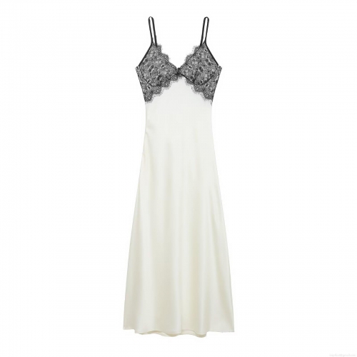 Women Sexy French V-Neck Lace Patchwork Backless Maxi Dress Elegant Spaghetti Strap Satin Silk-like Slip Dress For Party Evening Clubwear