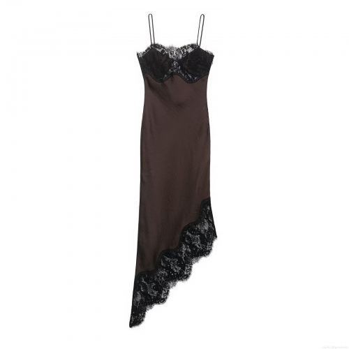 Sexy Spaghetti Strap Satin Maxi Dress With Black Lace Trim Irregular Hem Coffee Brown Sleeveless Evening Party Dress For Women