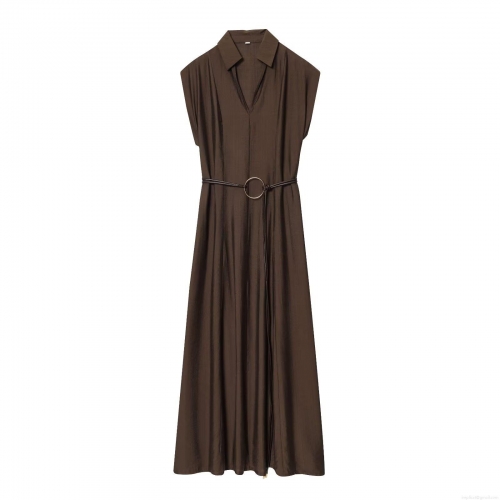 Women's Elegant Sleeveless Maxi Dress With Waist Belt Slim Fit V-Neck Solid Color Spandex Polyester A-Line Dress For Office Lady Party Casual Wear