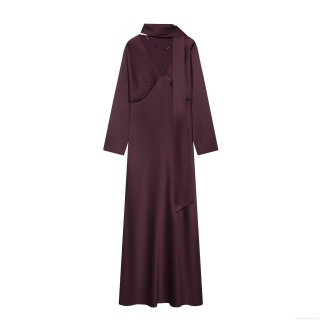 Elegant Satin Scarf Neck Maxi Dress Long Sleeve V Neck Burgundy Bodycon Party Evening Gown For Women Socialite Style