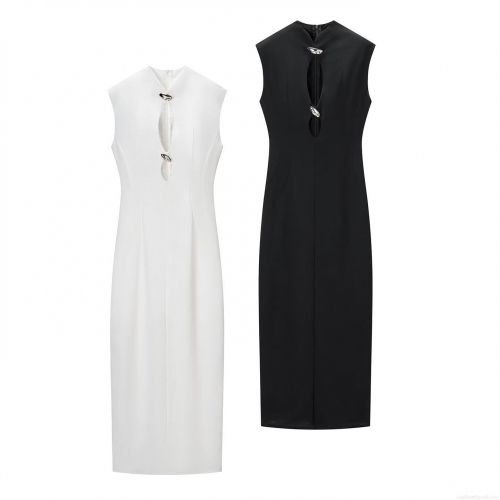 Women's Sexy Sleeveless Hollow Out Maxi Dress Elegant Bodycon Party Evening Dress With Metal Crystal Clips Stand Collar Solid Color Polyester Dress