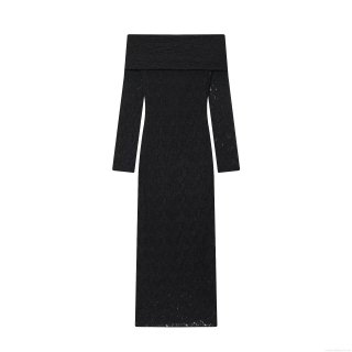 Women Sexy Off-Shoulder Lace Maxi Dress Long Sleeve Slim Fit Bodycon Evening Party Elegant Solid Black Floral Sheer Lace Pullover Dress