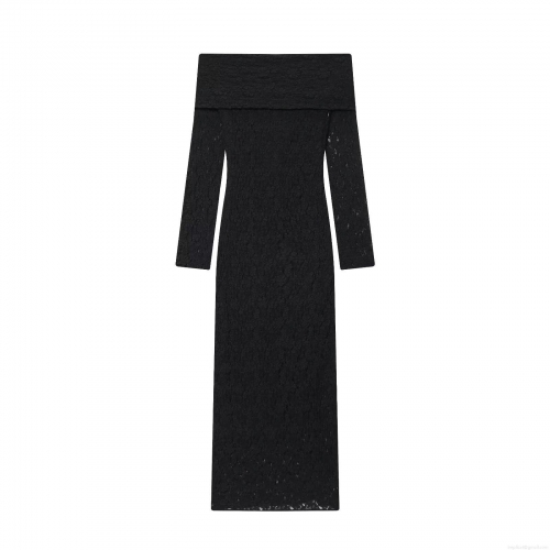 Women Sexy Off-Shoulder Lace Maxi Dress Long Sleeve Slim Fit Bodycon Evening Party Elegant Solid Black Floral Sheer Lace Pullover Dress