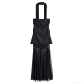 Women Sexy Halter Neck Mesh Patchwork Maxi Dress Off-Shoulder Pleated Tulle Party Evening Long Dress Sleeveless Slim Fit Lady Clubwear Black