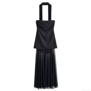 Women Sexy Halter Neck Mesh Patchwork Maxi Dress Off-Shoulder Pleated Tulle Party Evening Long Dress Sleeveless Slim Fit Lady Clubwear Black
