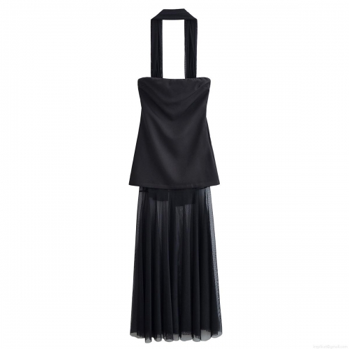 Women Sexy Halter Neck Mesh Patchwork Maxi Dress Off-Shoulder Pleated Tulle Party Evening Long Dress Sleeveless Slim Fit Lady Clubwear Black