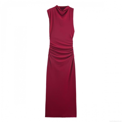 Women's Elegant Cowl Neck Sleeveless Maxi Dress Slim Fit Ruched Pleated Bodycon Long Party Evening Dress Wine Red