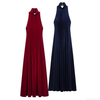 Women's Elegant Velvet Halter Neck Backless Maxi Dress Sexy Solid Color Slim Fit Sleeveless Evening Long Gown For Formal Party Wedding Socialite Style Dress
