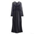Women's Sexy Black Lace Patchwork Maxi Dress Elegant Long Sleeve Satin Skirt Slim Fit Round Neck Evening Party Formal Long Gown For Lady