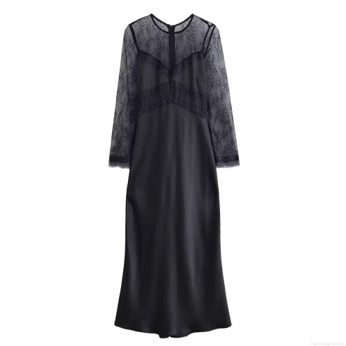Women's Sexy Black Lace Patchwork Maxi Dress Elegant Long Sleeve Satin Skirt Slim Fit Round Neck Evening Party Formal Long Gown For Lady