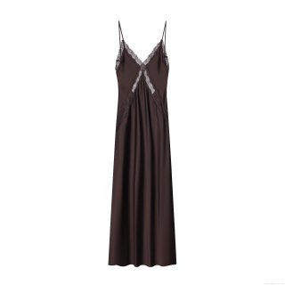 Women Sexy Backless Lace Patchwork Slip Dress Satin Spaghetti Strap V Neck Maxi Dress For Party Clubwear Solid Color Evening Gown