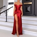 Women's Sexy Off-Shoulder High Split Satin Evening Dress Elegant Solid Color Ruched Waist Slim Fit Floor Length Maxi Gown For Party Wedding Annual Meeting