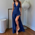 Women Sexy Halter Deep V-Neck Backless Maxi Dress Satin High Slit Ruched Slim Fit Evening Party Gown Elegant Solid Navy Blue Sleeveless Prom Dress