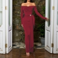 Women's Sexy Off-Shoulder Long Sleeve Maxi Dress Elegant Ruched Waist With Metal Buckle Solid Color Slim Fit Polyester Spandex Party Evening Dress