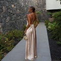 Women's Elegant Satin Cami Maxi Dress Sexy Backless Deep V Neck Side Slit Long Evening Gown For Party Wedding Formal Event Glossy Polyester Dress