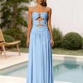 Women Sexy Light Blue White Cutout Backless Maxi Dress With Metal Ring Pleated Spaghetti Strap Summer Vacation Beach Party Long Flare Dress