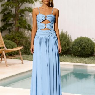 Women Sexy Light Blue White Cutout Backless Maxi Dress With Metal Ring Pleated Spaghetti Strap Summer Vacation Beach Party Long Flare Dress