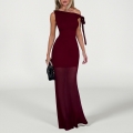 Women's Sexy One Shoulder Maxi Dress Mesh Splicing Bodycon Party Gown Elegant Sleeveless Bow Tie Shoulder Sheer Hem Evening Dress for Summer Vacation Clubwear