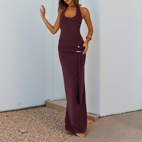 Women's Sexy Backless Halter Maxi Dress With Metal Buckle Side Split Polyester Spandex Mesh Spliced Long Evening Party Dress For Elegant Summer Beach Clubwear