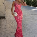 Women Sexy V-Neck Floral Print Sling Maxi Dress Summer Beach Vacation Slim Fit High Waist Sleeveless Polyester Spandex Long Dress