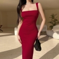 Women Ribbed Knit Maxi Dress Square Neck Bodycon Slim Fit Sleeveless Sexy Backless Long Sun Dress For Summer Beach Party Clubwear Pure Desire Style Polyester Spandex Solid Color Clothing