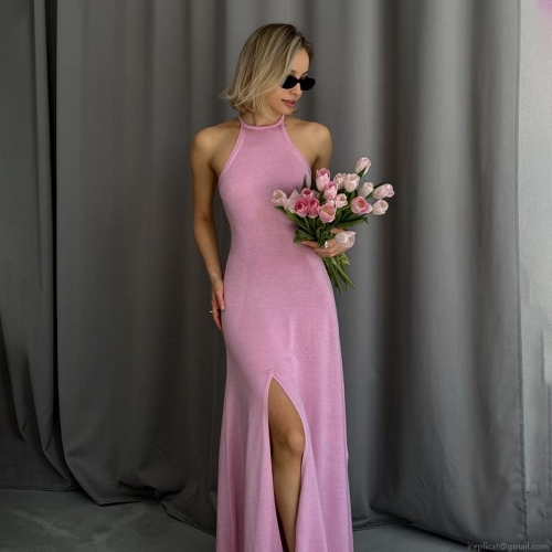Women's Sexy Halter Neck Maxi Dress Sleeveless Side Slit Knitted Bodycon Long Dress Solid Color Elegant Party Clubwear Summer Fashion