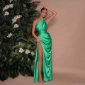 Women Sexy One Shoulder Satin Maxi Dress Elegant Sleeveless Backless High Split Bodycon Evening Party Long Dresses Wedding Guest Gown