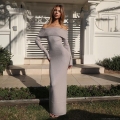 Sexy Off-Shoulder Long Sleeve Knit Bodycon Maxi Dress For Women Elegant Ribbed Slim Fit Party Evening Autumn Polyester Spandex Long Dress