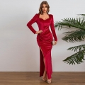 Women's Elegant Velvet Maxi Dress Square Neck Long Sleeve Ruched High Slit Bodycon Formal Evening Party Wedding Guest Dress