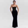 Women's Sexy Velvet Patchwork Tube Top Maxi Dress Elegant Corset Bodycon Long Dress Evening Banquet Party Gown Clubwear